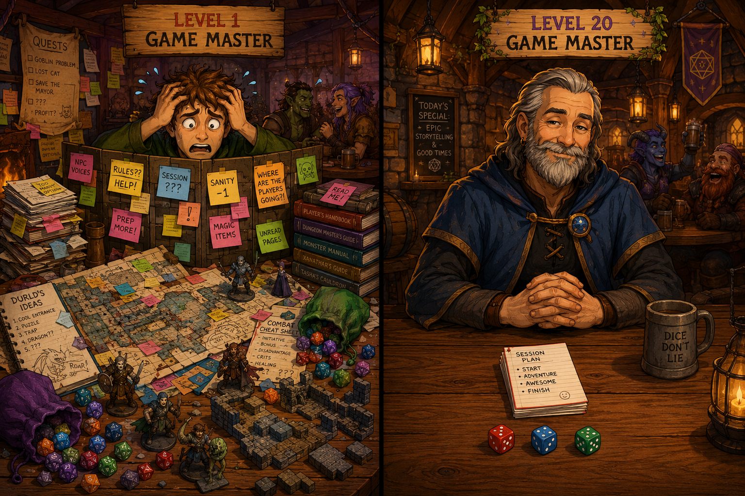 Side-by-side cartoon: a 'Level 1 Game Master' panicking behind a cluttered table covered in sticky notes ('PREP MORE!', 'RULES?? HELP!', 'WHERE ARE THE PLAYERS GOING?'), next to a calm 'Level 20 Game Master' with a tidy four-line session plan: Start, Adventure, Awesome, Finish.