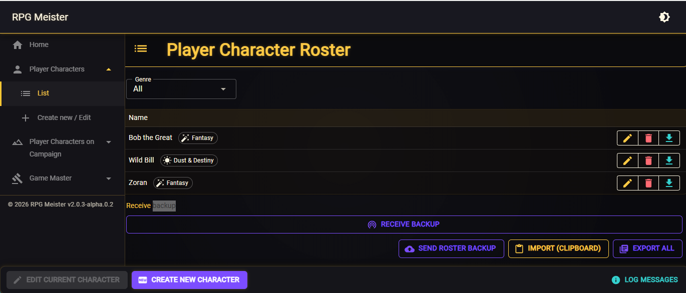 Player Character Roster listing saved heroes by genre