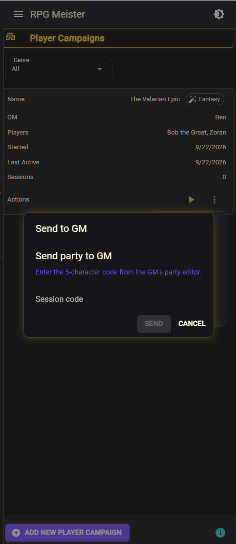 Send to GM dialog asking for the five-character session code