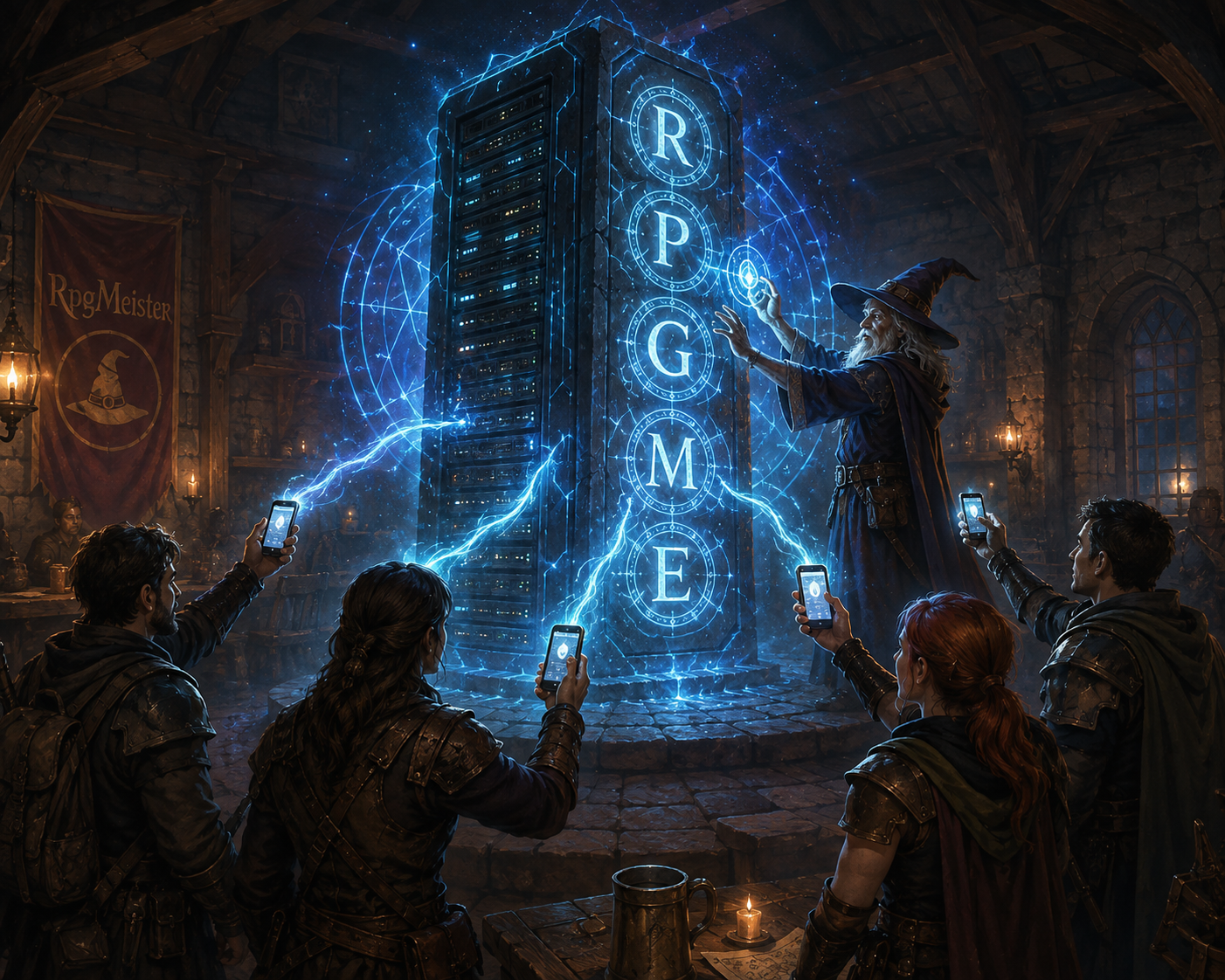 Adventurers' phones sending party data to a central RpgMeister server while the game master receives it