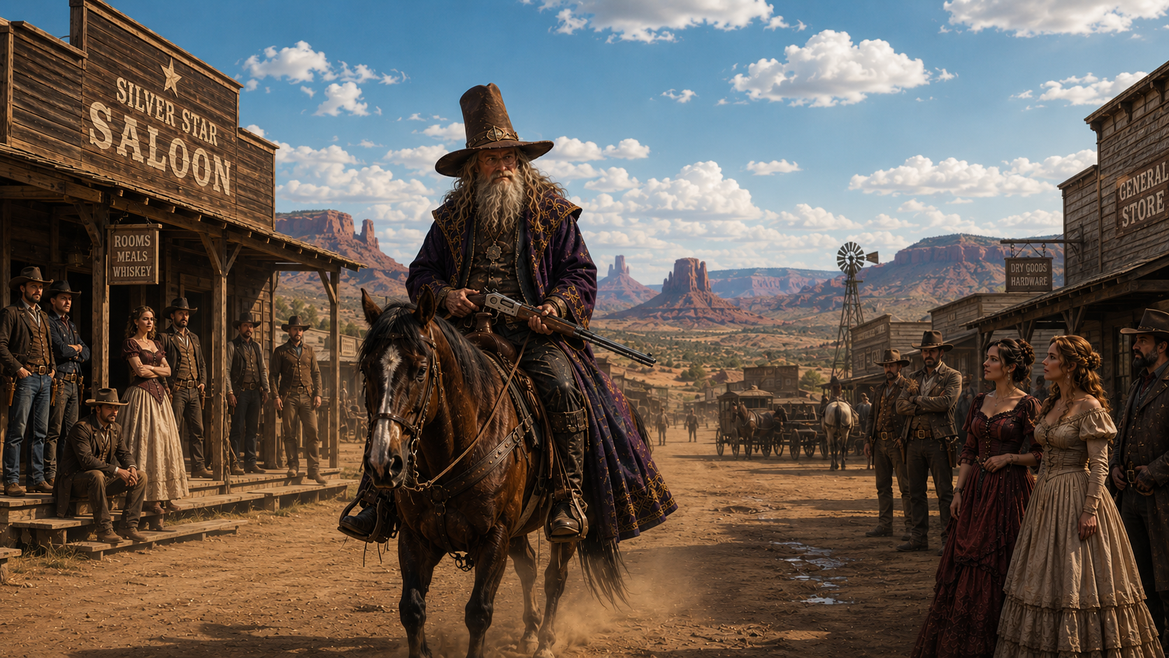 A wizard riding into a dusty frontier town