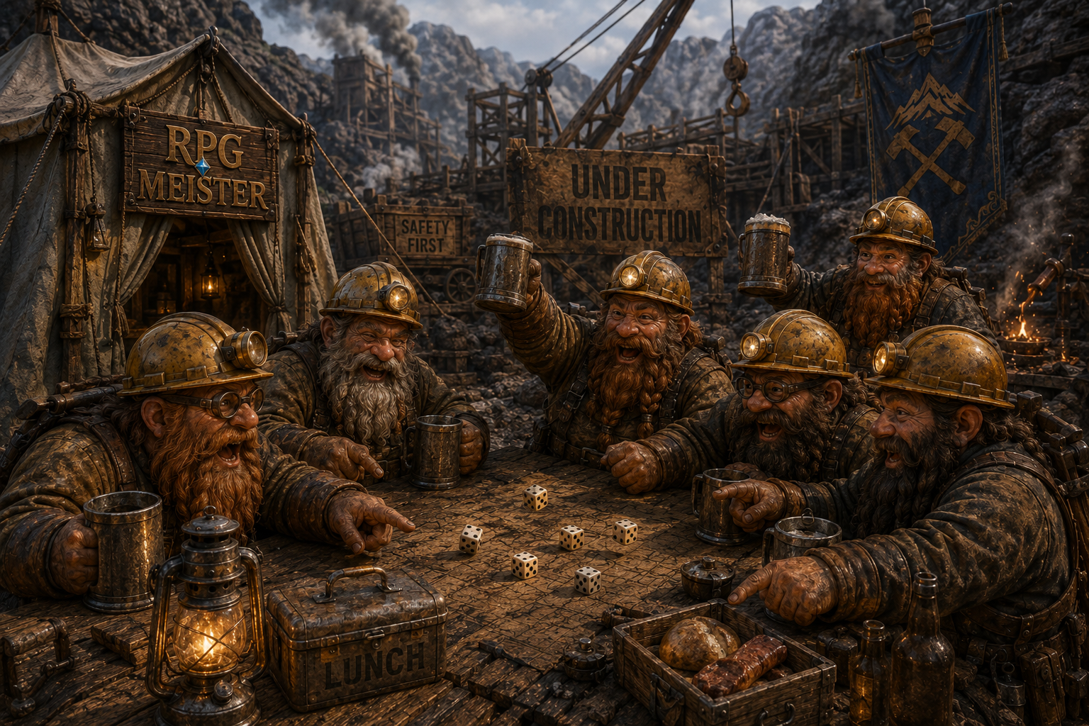 A merry dwarven crew celebrating the launch